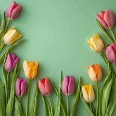 Aufkleber - A vibrant collection of tulips in various colors creates a stunning spring frame against a soft green background, embodying the beauty of nature's bloom in a cheerful seasonal celebration