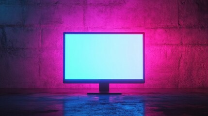 Fototapete - Neon-lit computer monitor on dark background.