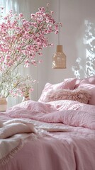 Poster - Soft pink bedding creates a tranquil atmosphere filled with light. A vibrant bouquet of flowers adds a touch of elegance, making this modern bedroom feel welcoming and serene