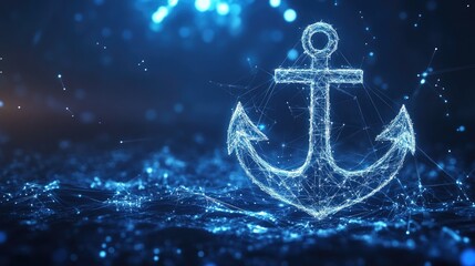 Poster - a futuristic anchor glowing in a web of connected lines and points on a rich blue digital backdrop.
