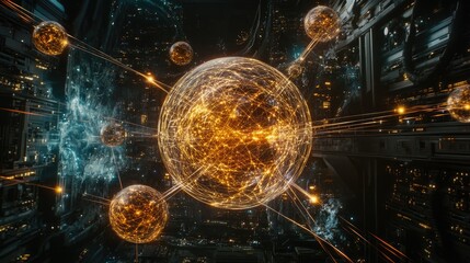 Poster - A futuristic depiction of neural network spheres in an atom shape, connected by glowing lines within a database.