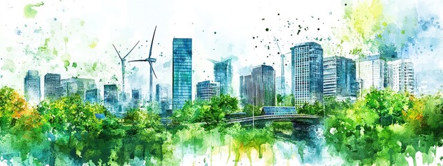 City skyline view with skyscrapers, and green urban architecture isolated on white background. Watercolor illustration