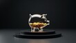 © QITIAN - Transparent piggy bank filled with coins on a dark background.