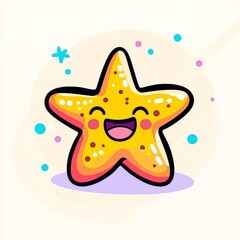 Wall Mural - A cheerful, cartoonish yellow star with a smiling face, surrounded by colorful dots on a light background.