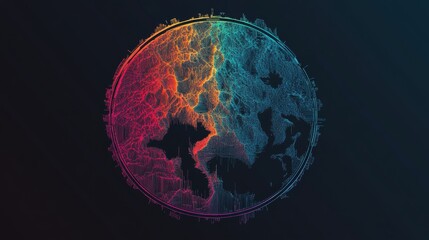 Poster - Abstract Global Network Data Visualization Circular World Map with Warm and Cool Color Gradient