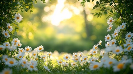 Aufkleber - A vibrant circle of white daisies blooms in a lush garden, framed by green leaves. Soft sunlight spills through, casting a warm glow across the tranquil setting