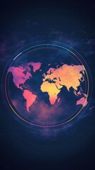 Poster - Global Network Connection World Map with Abstract Colorful Rings and Data Streams
