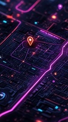 Poster - Futuristic Neon City Map Navigation System with GPS Location Pinpoint