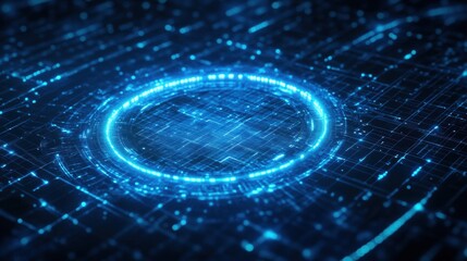 Poster - Abstract Futuristic Technology Background Glowing Blue Circuit Board with Circular Digital Interface