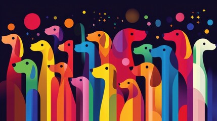 Poster - Colorful abstract illustration of various dogs in vibrant hues against a dark background