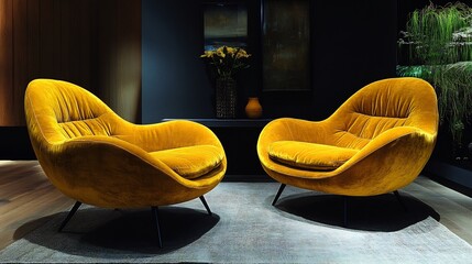 Poster - Stylish lounge area with sophisticated yellow armchairs featuring a soft curved design and black metal legs all set on a dark background that enhances their contemporary minimalist appeal