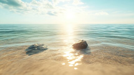 Wall Mural - A peaceful beach scene with crystal-clear water, submerged rocks, and textured sand under soft sunlight.