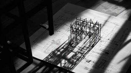 Poster - Architectural model casting intricate shadows on blueprints in a sunlit workspace
