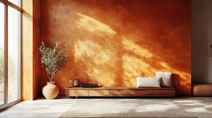 Poster - Stylish room showcasing a minimalistic TV cabinet against a textured peach fuzz wall The warm tones of brown wooden furniture highlight the elegant design ideal for showcasing media displays