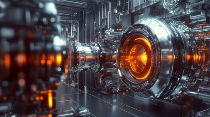 Poster - Futuristic metallic corridor with glowing orange elements highlighting advanced technology in a sci-fi environment. Generative AI