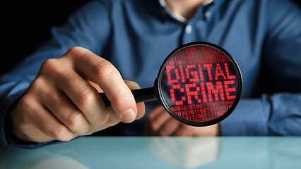 Poster - Cybersecurity Analysis: Businessman Investigates Digital Crime with Magnifying Glass and Binary Code