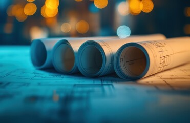 Poster - Architectural Drafts and Blueprints on Table with Beautiful Bokeh Lighting in Background, Capturing the Essence of Design and Planning in Engineering Projects