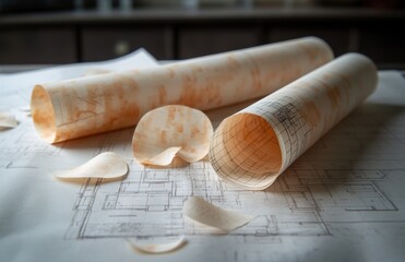 Poster - Architectural Plans and Blueprints Rolled Up on a Surface with Shredded Paper, Creating a Messy Workspace Atmosphere for Design and Construction Projects