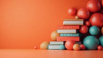 Poster - Vibrant 3D render of an online education setup with a stack of books and a digital bookshelf set against an orange minimalistic background symbolizing elearning and knowledge access