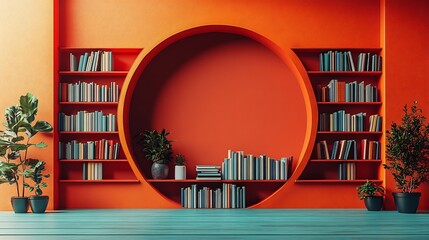 Poster - Vibrant 3D render of an online education setup with a stack of books and a digital bookshelf set against an orange minimalistic background symbolizing elearning and knowledge access