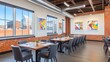 © NfL - Modern restaurant interior with city views and colorful art.
