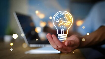 Poster - Hands hold glowing lightbulb, brain inside; creative idea concept. mind smart bokeh power bright    