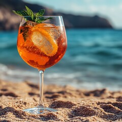 Poster - Vibrant Aperol Spritz cocktail resting on a sunsoaked sandy beach complemented by a stunning sea view perfect for a summer vibe with clear space available for creative text placement