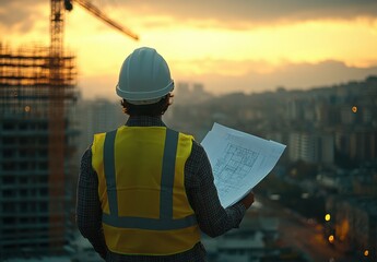 Poster - Construction Worker Analyzing Blueprints at Sunset with Cityscape in Background, Focus on Architecture and Urban Development
