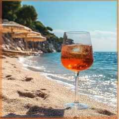 Poster - Vibrant Aperol Spritz cocktail resting on a sunsoaked sandy beach complemented by a stunning sea view perfect for a summer vibe with clear space available for creative text placement