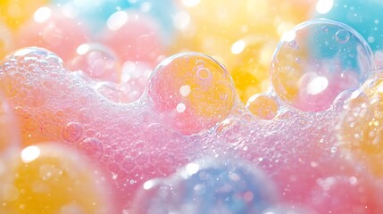 Fototapete - Vibrant background filled with colorful soap bubbles in shades of pink yellow and blue with soft foam creating a whimsical atmosphere evoking joy and playfulness in a bubbly scene
