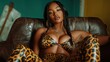 ©  Jovaduplex - A glamorous woman draped in leopard print rests on a vintage loveseat, combining chic fashion with a retro ambiance, evoking a sense of nostalgia and luxury.