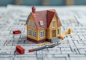 Poster - Detailed model house placed on blueprints, construction tools surrounding it, showcasing the planning and design process in residential architecture and design work.