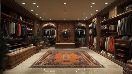 Poster - Vibrant fashion store showcasing wide variety of formal attire tailored suits elegant dresses perfectly arranged on display complemented by trendy merchandise and stylish decor throughout the space