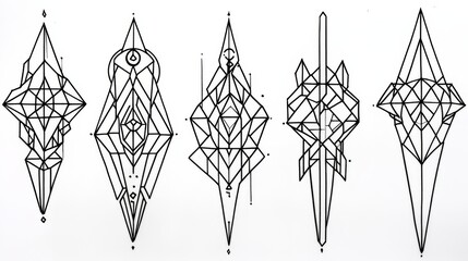 Poster - Geometric Crystal Designs Five Abstract Ink Sketches