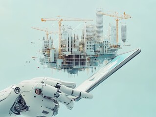 Poster - Futuristic Robot Hand Holding Tablet with City Construction in the Background, Illustrating the Integration of Technology in Urban Development and Architecture