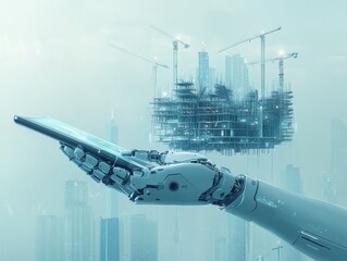 Poster - Futuristic robotic hand holding a digital tablet against a backdrop of a city under construction with towering cranes and advanced architecture in a misty atmosphere