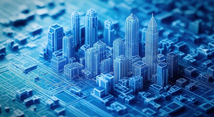 Poster - Futuristic Urban Skyline with Digital Circuit Patterns Showcasing a Modern Cityscape in Blue Tones and High-Tech Aesthetic, Representing Smart City Development Concepts