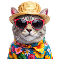 Cool Cat Summer Vacation Sunglasses Hat Shirt Tropical pet red art pet cute blue grey funny style   