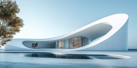 Aufkleber - Modern Architectural Design Featuring Curved White Facade, Tranquil Reflective Pool, and Surrounding Natural Landscape with Tree Accents
