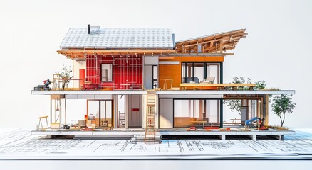 Aufkleber - Modern Architectural Design Illustration Featuring Cross-Section of Contemporary House with Detailed Interior Layout and Outdoor Elements
