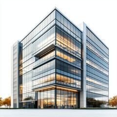 Aufkleber - Modern architectural design of a sleek glass office building showcasing a contemporary exterior and clean lines, with surrounding greenery enhancing the urban landscape.
