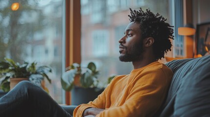 Poster - A man sits comfortably on a couch, gazing out a large window. Sunlight filters in, illuminating the space filled with vibrant plants, creating a serene atmosphere perfect for contemplation