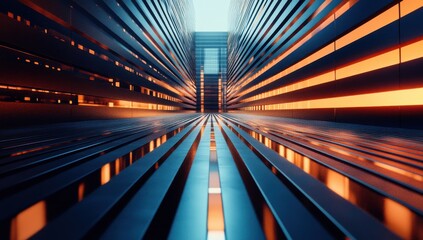Aufkleber - Modern architectural perspective with dramatic lighting, showcasing sleek metal lines and a striking interplay of shadows and reflections in an urban setting.