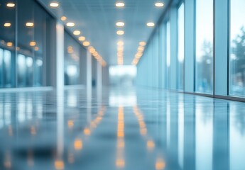Poster - Modern Empty Corridor With Polished Floor and Large Windows Reflecting Natural Light in a Minimalist Building Interior Design for Contemporary Spaces