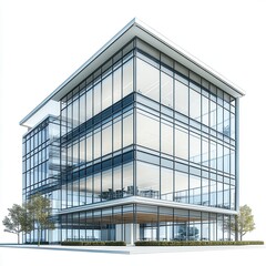 Aufkleber - Modern Glass Building with Open Spaces and Green Landscaping, Showcasing Contemporary Architecture and Sustainable Design Elements in Urban Environment
