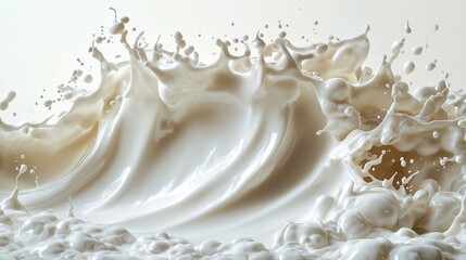 Poster - Vibrant splash of almond milk frozen in time creating dynamic droplets and a smooth wave against a pristine white background emphasizing the creamy texture and purity