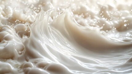 Poster - Vibrant splash of almond milk frozen in time creating dynamic droplets and a smooth wave against a pristine white background emphasizing the creamy texture and purity