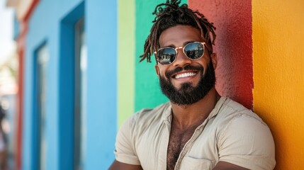 A happy man wears sunglasses and leans against a vibrant wall, epitomizing joy and confidence in a lively outdoor setting filled with color and life.