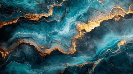 Poster - Vibrant turquoise marble texture with bold bronze veins flowing in a liquid wave pattern The striking contrast between colors brings a dynamic highend appeal to architectural and design elements