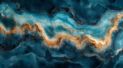 Poster - Vibrant turquoise marble texture with bold bronze veins flowing in a liquid wave pattern The striking contrast between colors brings a dynamic highend appeal to architectural and design elements